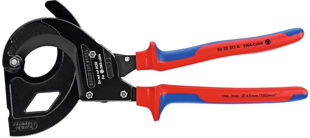 KNIPEX - Cesoia per cavi a cricchetto per cavi armati (SWA) in acciaio, Lunghezza complessiva: 315 mm