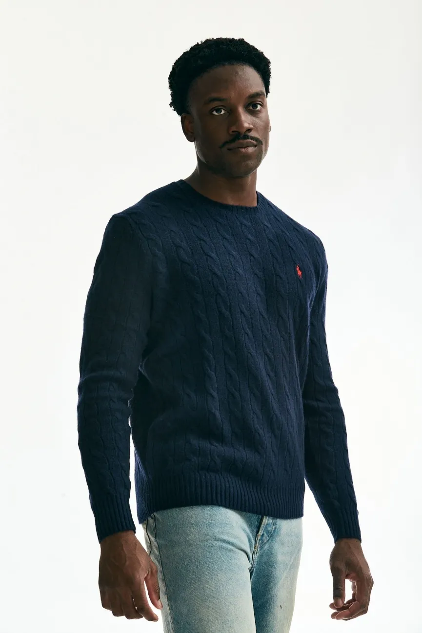 Maglia lana/cashmere a trecce blu 
