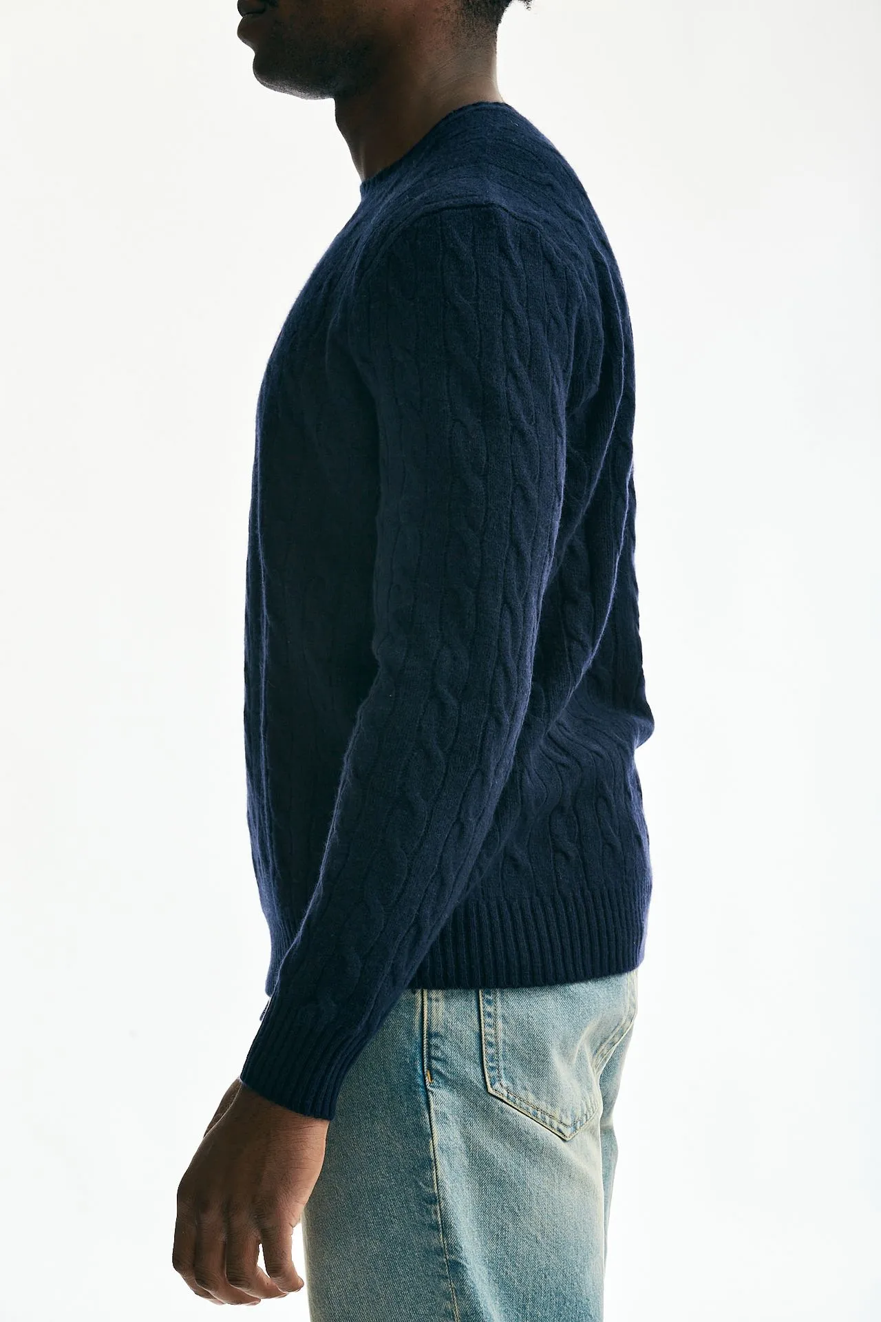 Maglia lana/cashmere a trecce blu 