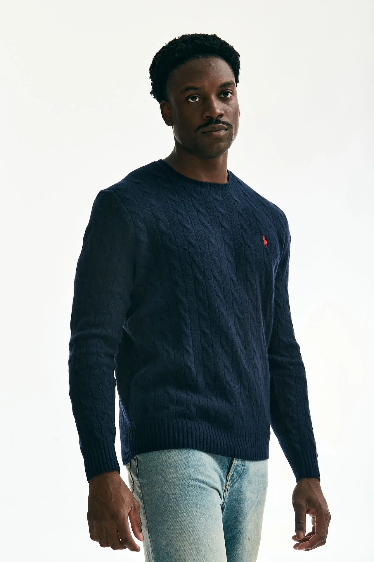 Maglia lana/cashmere a trecce blu 