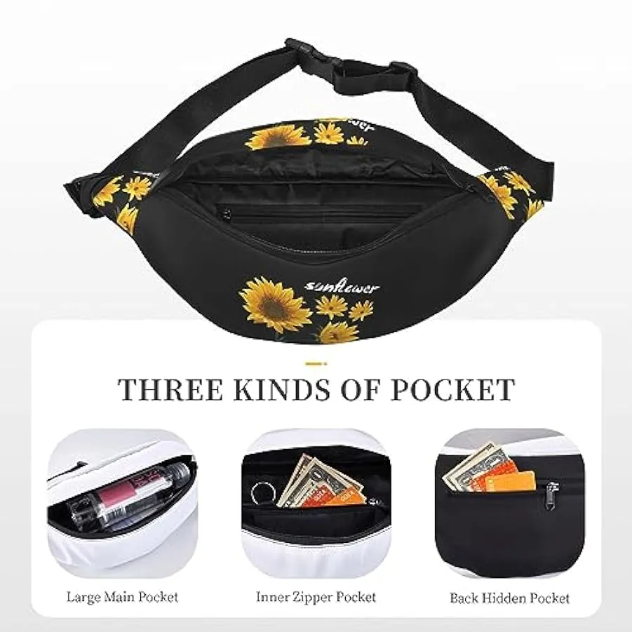 Marsupio con sfondo nero girasole per donna uomo marsupio cintura regolabile casual marsupio marsupio per viaggi escursionismo m
