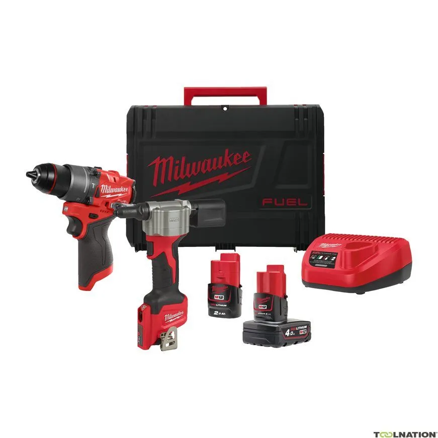 Milwaukee 4933480593 M12 FPP2D2-422X Powerpack M12 FPD2 Trapano a percussione + M12 BPRT Rivettatrice cieca 12V 4,0/2,0Ah in HD 