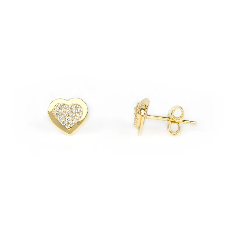Orecchini cuore in oro giallo con pavé di zirconi