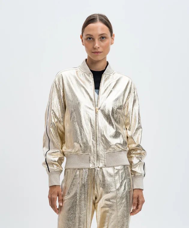 Palm Angels Giubbotto sportivo in pelle dorata con logo PWJA033F24LEA001