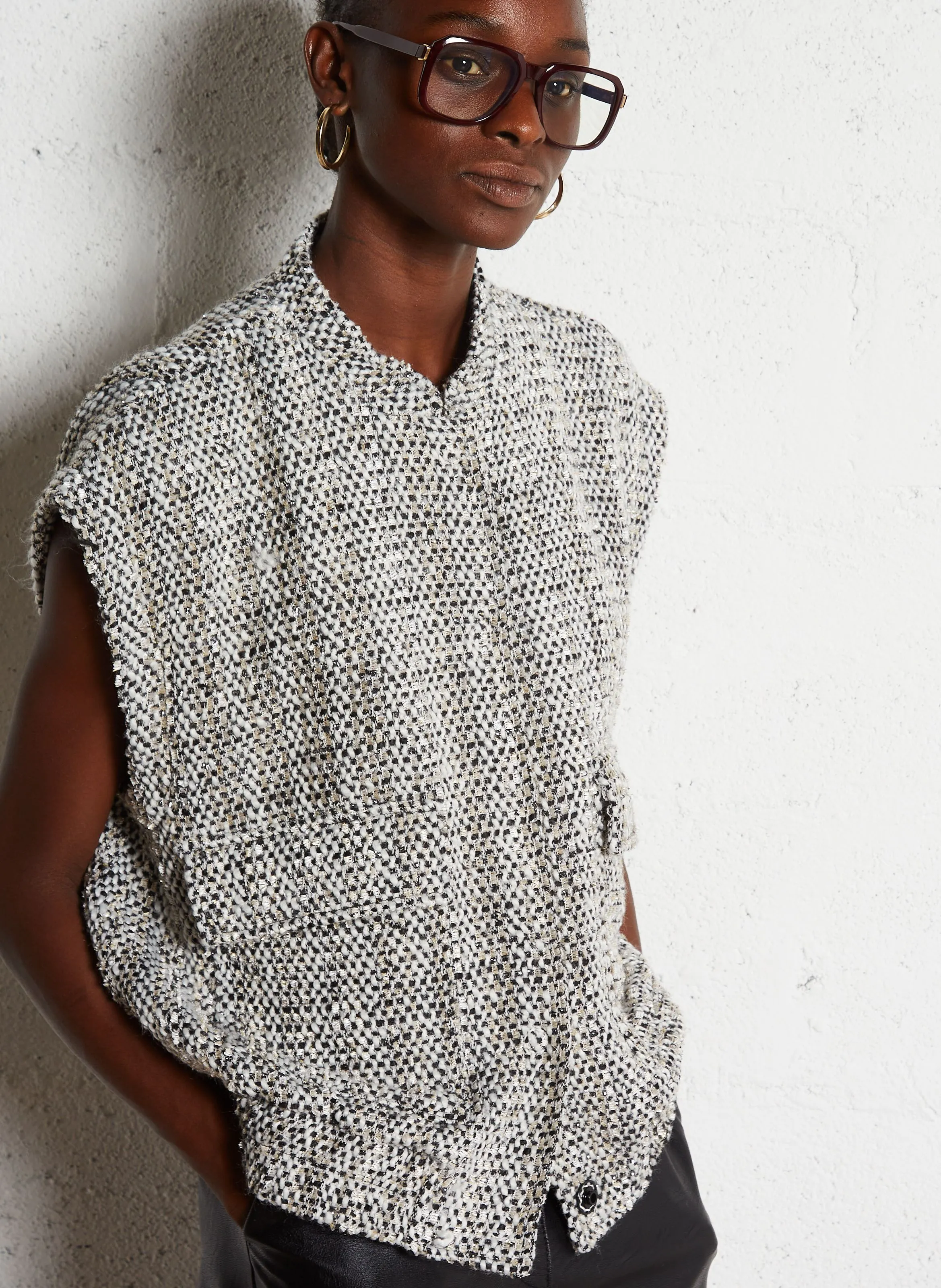  PLEASE   Giacca ampia con collo alla coreana in tweed | Bianco