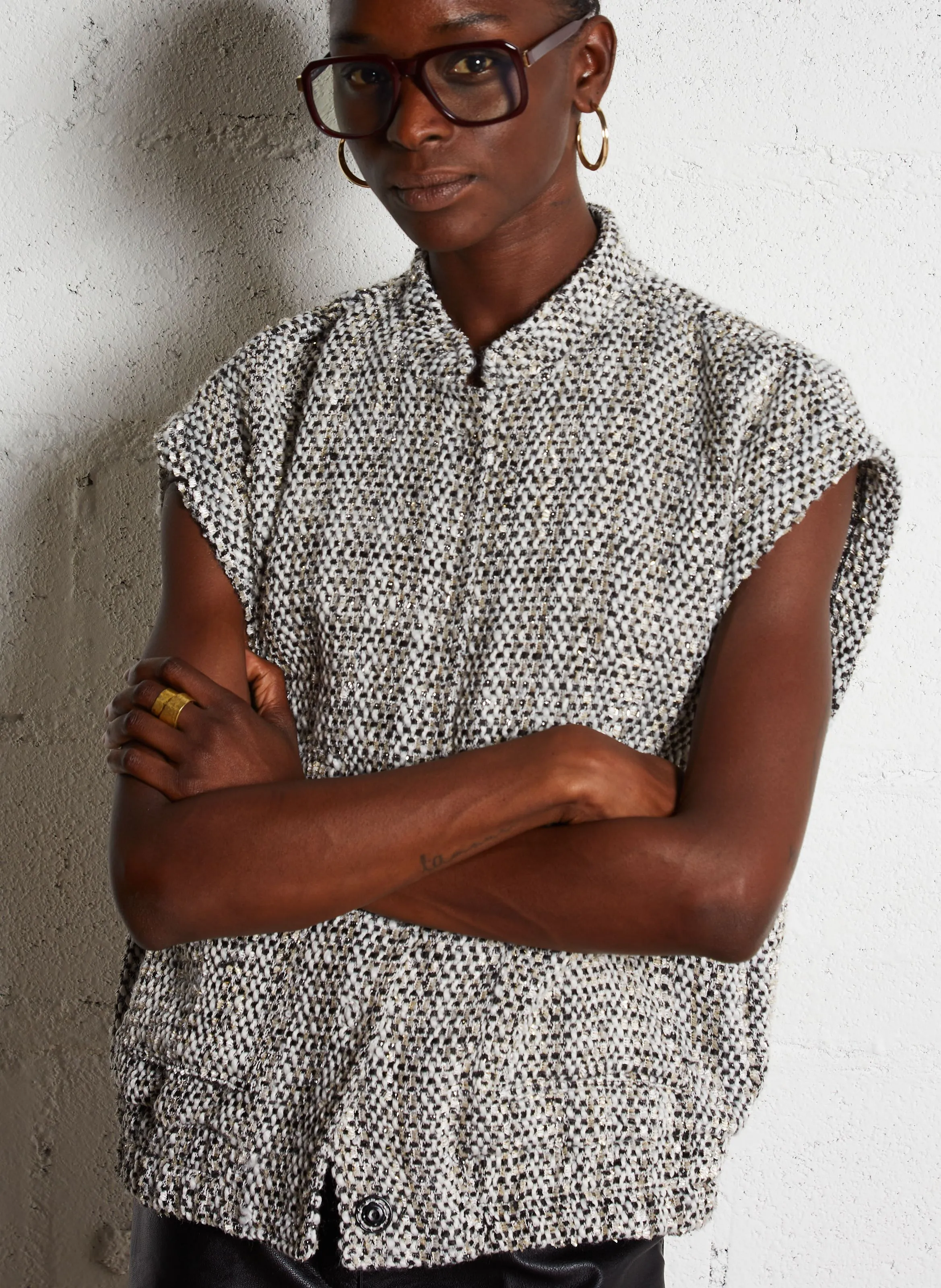  PLEASE   Giacca ampia con collo alla coreana in tweed | Bianco