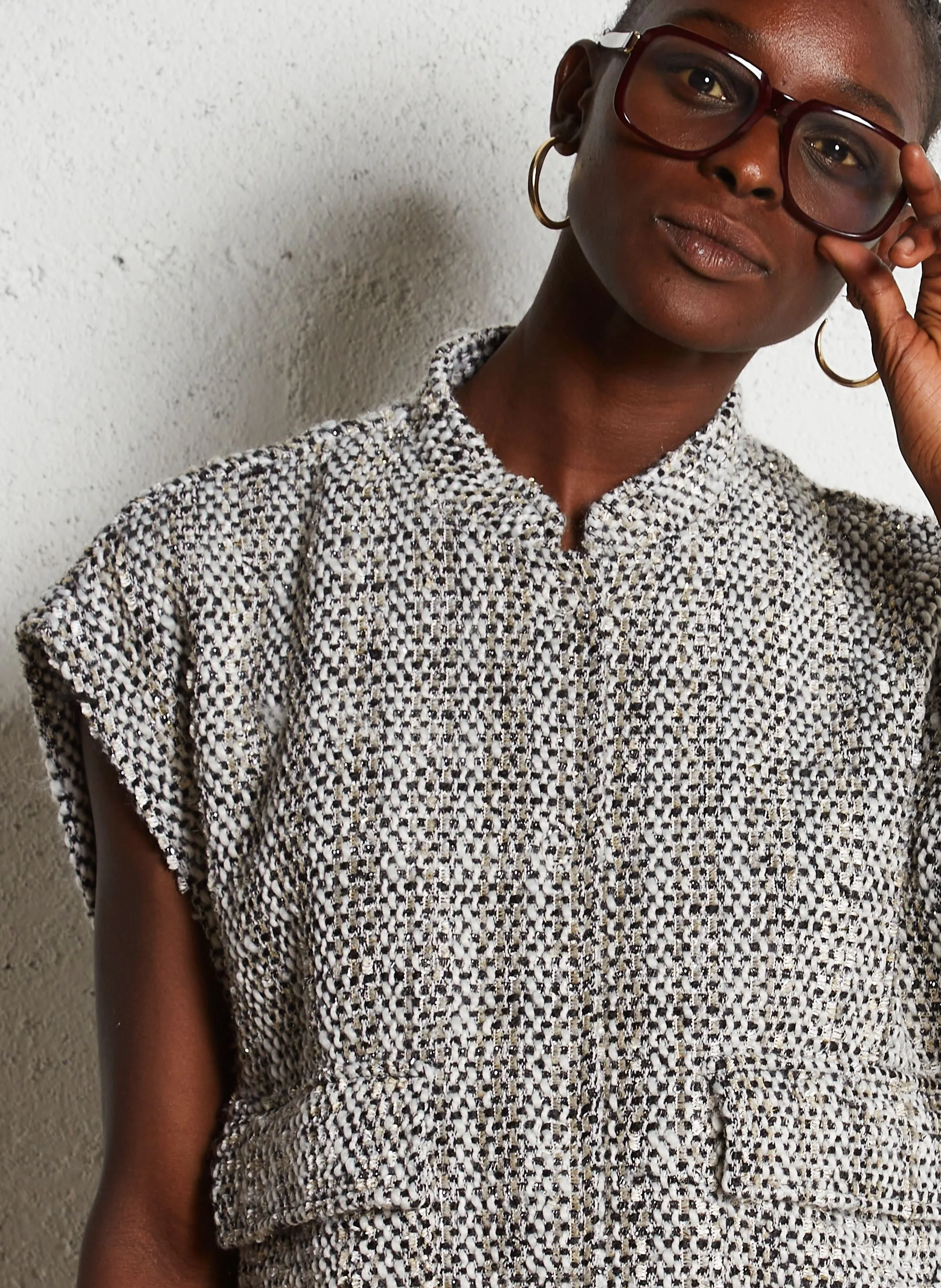  PLEASE   Giacca ampia con collo alla coreana in tweed | Bianco