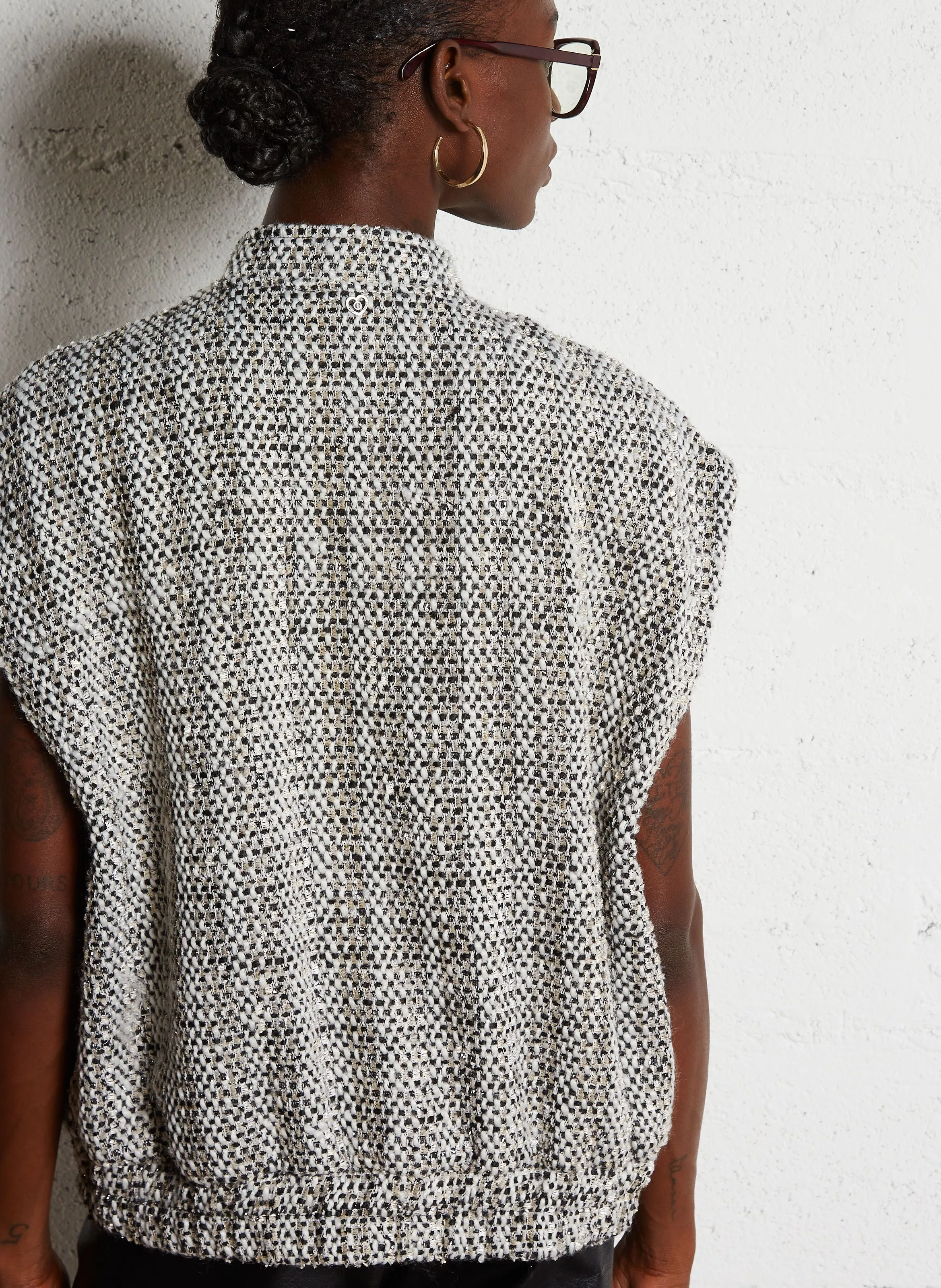  PLEASE   Giacca ampia con collo alla coreana in tweed | Bianco