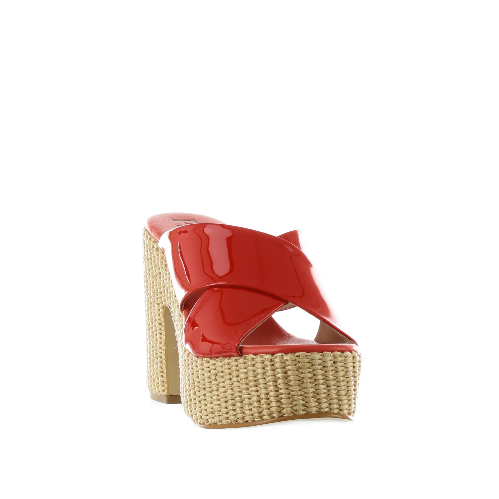Sabot platform in vernice con tacco in raffia