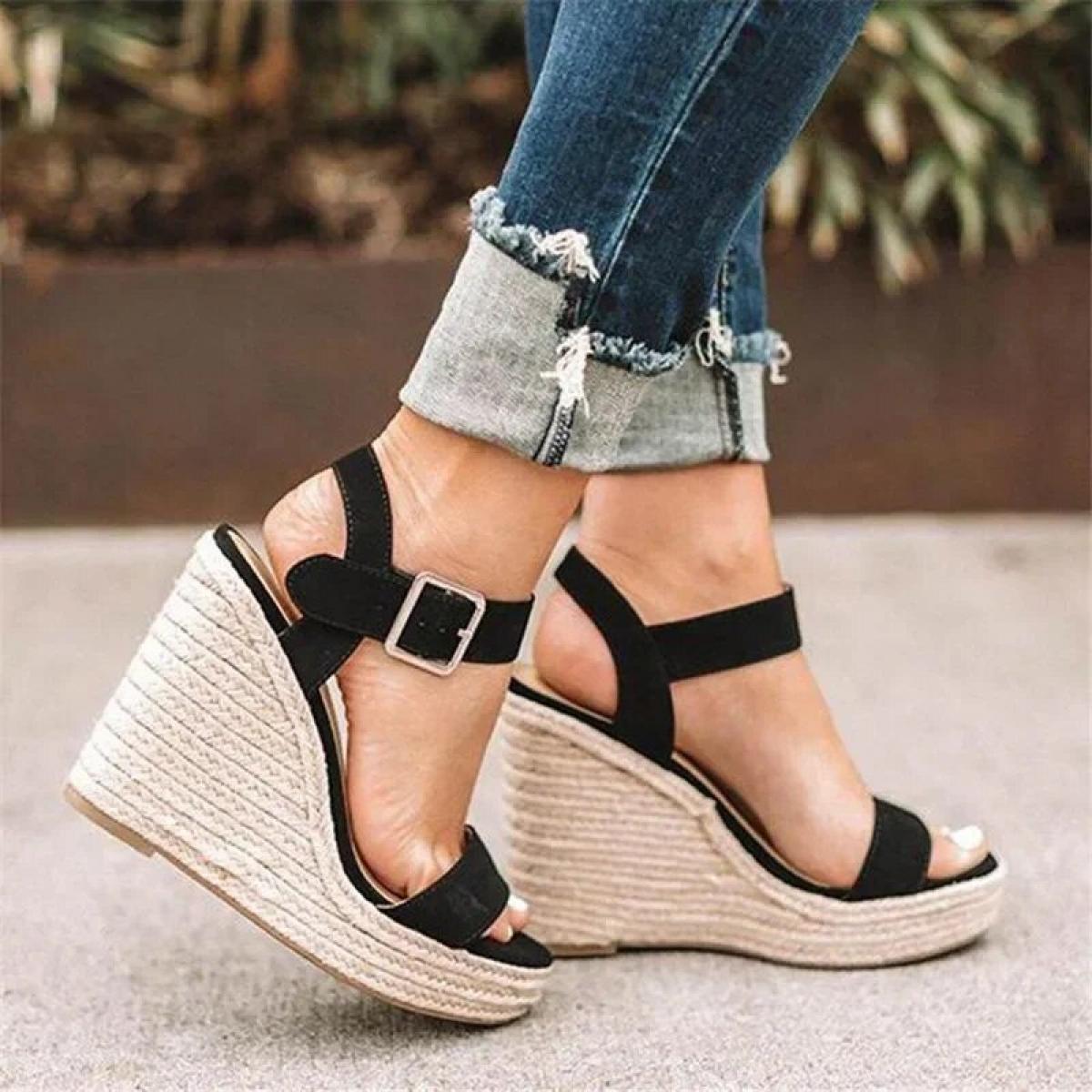 Sandali con plateau estivi Donna Peep Toe Zeppe alte Tacco Fibbie alla caviglia Sandalia Espadrillas Sandali femminili Scarpe