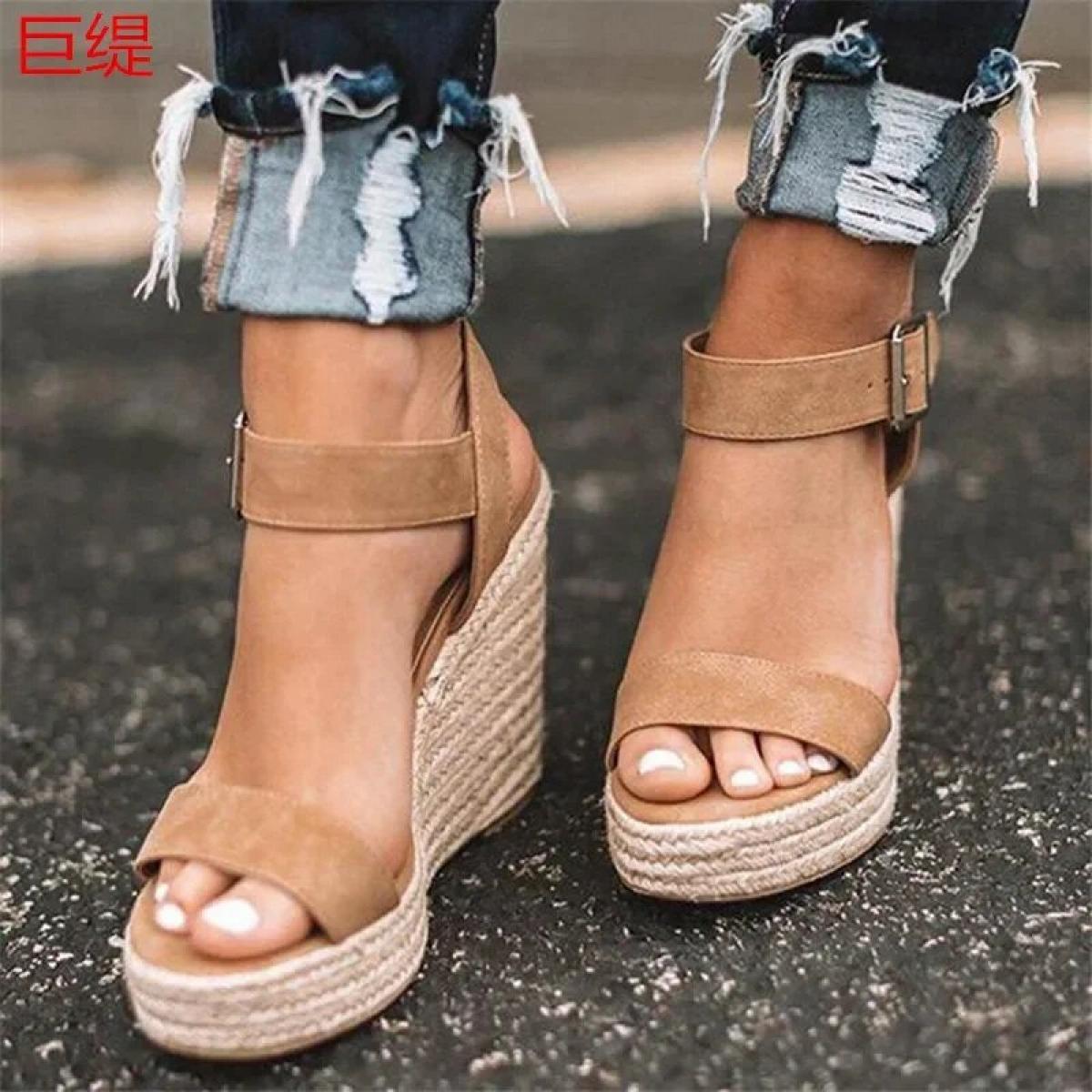 Sandali con plateau estivi Donna Peep Toe Zeppe alte Tacco Fibbie alla caviglia Sandalia Espadrillas Sandali femminili Scarpe