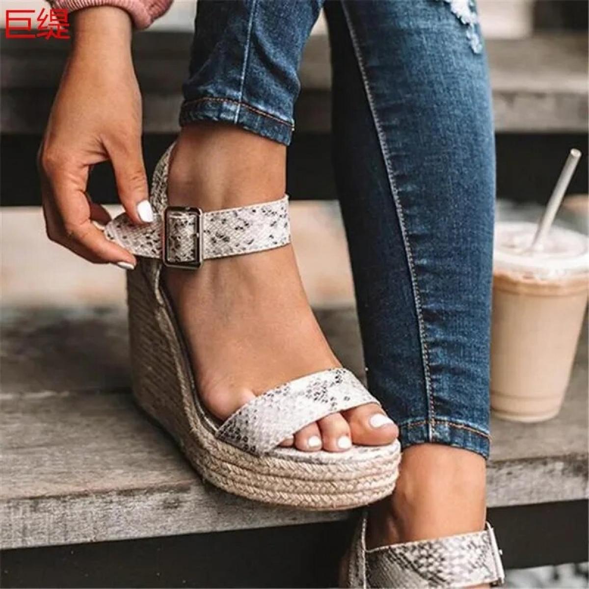 Sandali con plateau estivi Donna Peep Toe Zeppe alte Tacco Fibbie alla caviglia Sandalia Espadrillas Sandali femminili Scarpe