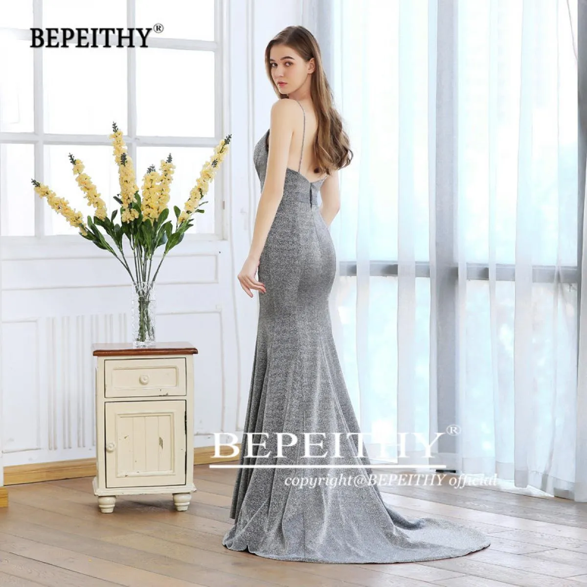 Vestido De Festa Longo Sirena Abiti lunghi da ballo con spacco Tessuto glitterato Scollo a V Abito da sera per feste Vendita cal