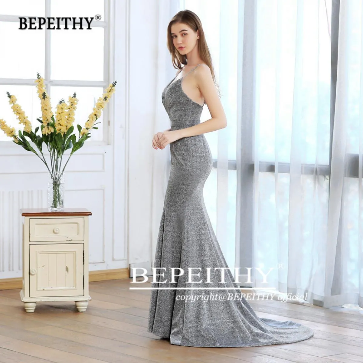Vestido De Festa Longo Sirena Abiti lunghi da ballo con spacco Tessuto glitterato Scollo a V Abito da sera per feste Vendita cal