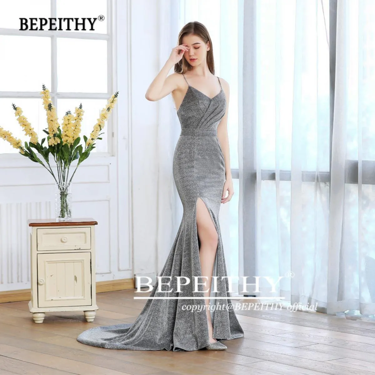 Vestido De Festa Longo Sirena Abiti lunghi da ballo con spacco Tessuto glitterato Scollo a V Abito da sera per feste Vendita cal