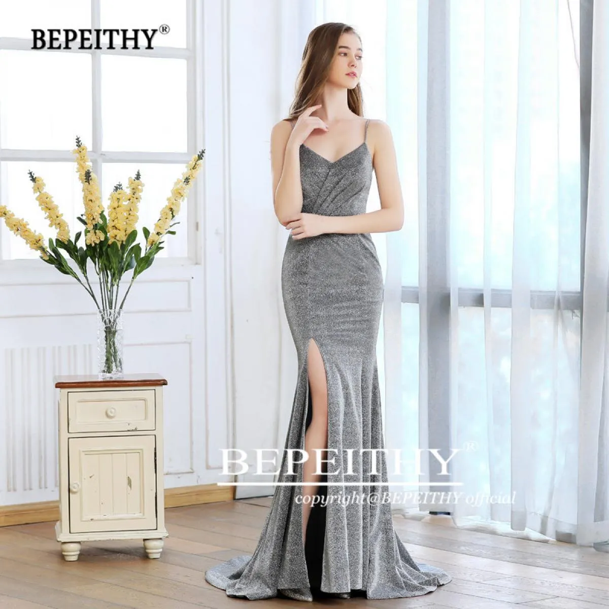 Vestido De Festa Longo Sirena Abiti lunghi da ballo con spacco Tessuto glitterato Scollo a V Abito da sera per feste Vendita cal