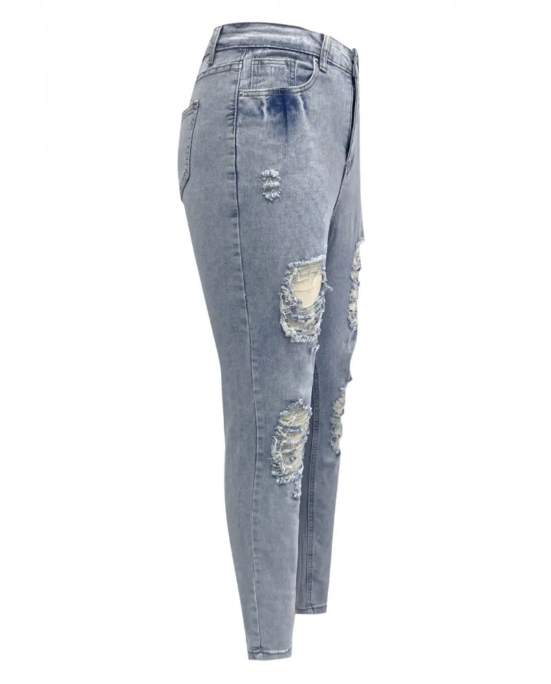 Washed  And  Women's Jeans New Spot Light Color Ripped Casual Trousers