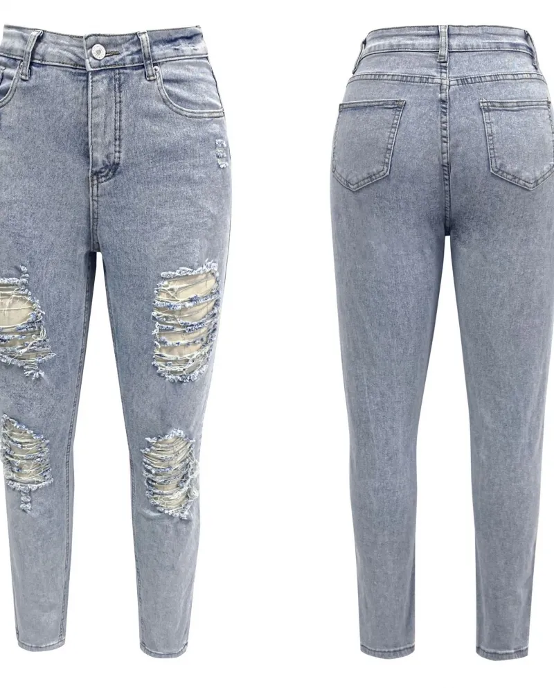 Washed  And  Women's Jeans New Spot Light Color Ripped Casual Trousers
