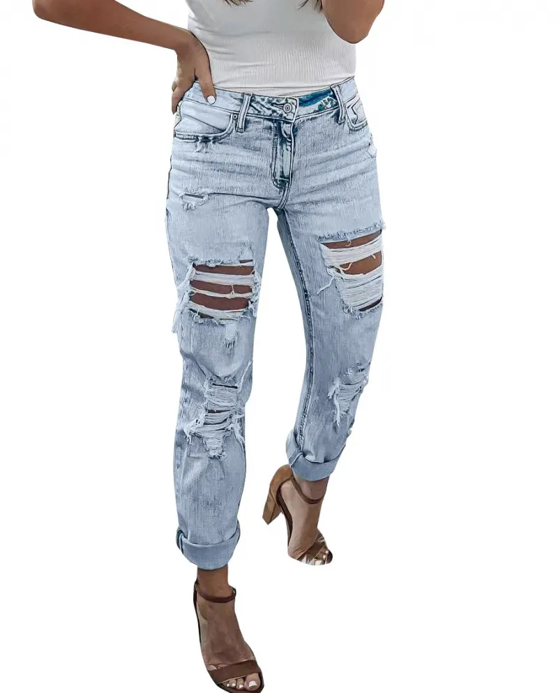 Washed  And  Women's Jeans New Spot Light Color Ripped Casual Trousers