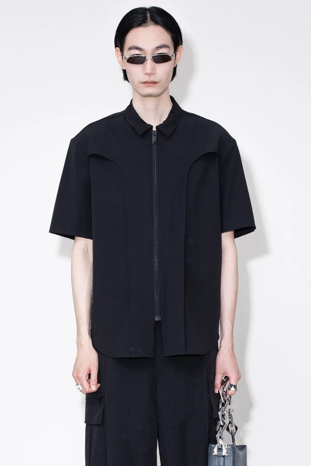 Washed Technical Zip S/S Shirt Black